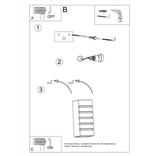 Line drawing showing steps for mounting the wall lamp, including wiring diagrams and fixings.