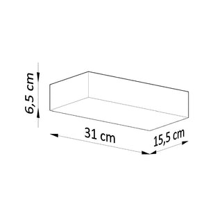 Technical line drawing showing the rectangular wall lamp's dimensions: 31 cm long, 6.5 cm high, 15.5 cm deep.