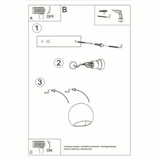 Line drawing showing the three steps for installing the ceramic wall light fixture.