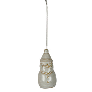 Plain front-on shot of a ceramic Santa decoration with a pale glaze, hanging from a thin chain.