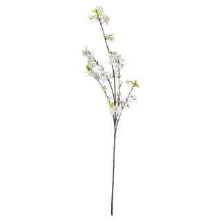 Studio shot of the faux cherry blossom spray, highlighting the long stem and clusters of white flowers.