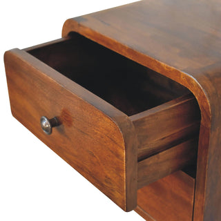 Angled view of the chestnut bedside unit with the top drawer open, revealing the interior storage.