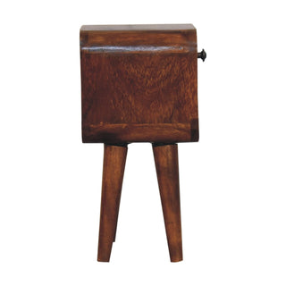 Side view of the dark wood bedside cabinet showing the depth, curved top edge, and tapered legs.
