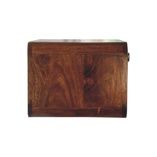Top-down view of the chestnut bedside unit showing the smooth surface and dark wood grain pattern.
