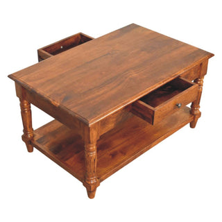 High angle view of the chestnut table showing both drawers open, one fully extended onto the surface.
