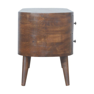 Curved side profile of the chestnut entertainment unit standing on two angled tapered legs.