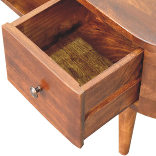 Close-up of the chestnut unit showing a drawer fully open, revealing the wooden interior and base grain.