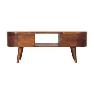 Chestnut media unit featuring two handleless drawers, a central open compartment, and four angled wooden legs.