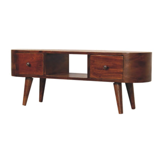 Chestnut media unit showing the two drawers, tapered legs, and central open section with a lower shelf.