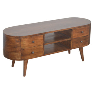 Angled view of the chestnut entertainment unit, highlighting the oval top and curved edges.