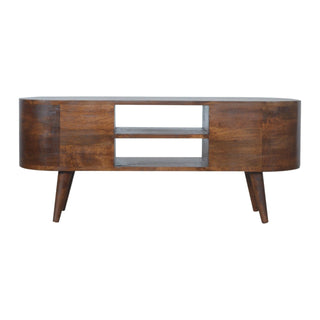 Front view of the chestnut unit, revealing the four drawer compartments and two central media shelves.
