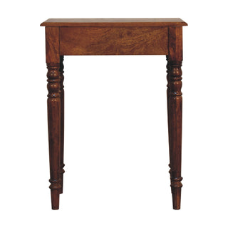 Full rear view of the chestnut writing desk, showing the solid back panel and four turned legs.