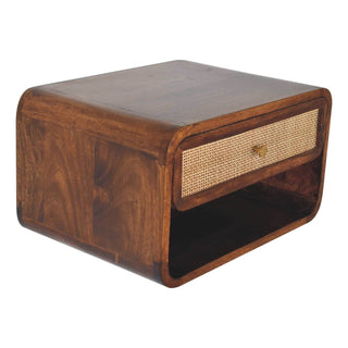 Angled view of the chestnut bedside unit highlighting the curved shape and dark wood grain.