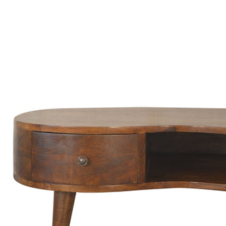 Close-up of the curved chestnut table front, highlighting the drawer, small metal knob, and open shelf area.