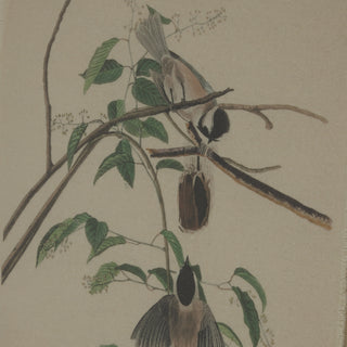 Close detail of the artwork showing the chickadees, branches, and linen weave.