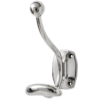 Angled view of the chrome double coat hook showing the mounting plate and screw holes.