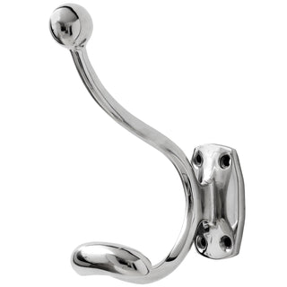 Plain product shot of a shiny chrome metal double coat hook with a rounded base and ball tip.