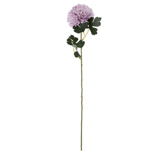 Full length artificial light purple chrysanthemum stem with dark green leaves on white background.