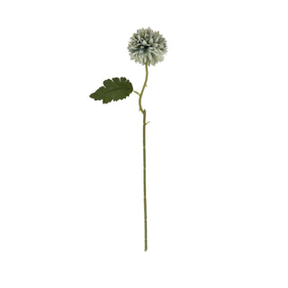 Pale green blue artificial chrysanthemum stem shown full length with one leaf against a plain white background.