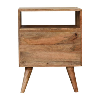 Front view of the oak-ish bedside table with an open storage shelf above two drawer panels.