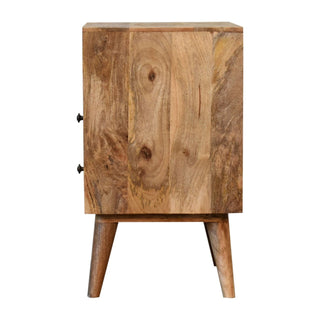 Profile view of the oak-ish nightstand, highlighting the side panel wood grain and angled legs.