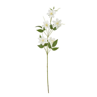 Plain shot of an artificial clematis spray featuring five cream flowers, green leaves, and a long green stem.