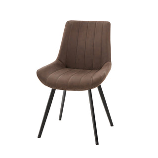 Coffee faux leather dining chair with vertical stitched ribbing on the seat and backrest, on angled black metal legs.