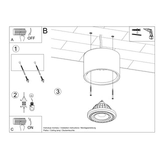 Installation instructions diagram detailing the steps for wiring and fitting the ceiling lamp.