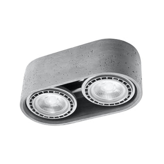 Grey concrete ceiling light fixture with two circular spotlights, isolated on a white background.