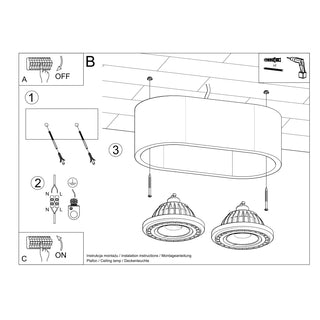 Line drawing showing the installation guide for the ceiling light fitting, detailing wiring connections and mounting steps.