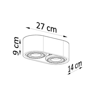 Technical line drawing showing the dimensions of the ceiling light fitting: 27 cm long, 9 cm high, 14 cm deep.