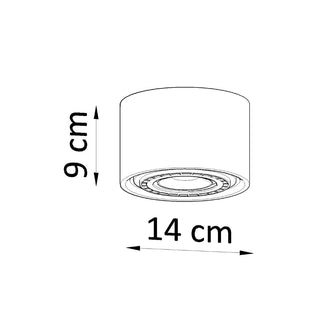 Line drawing of the concrete ceiling lamp showing its dimensions: 9 cm height and 14 cm width.