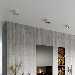 Concrete ceiling lamps installed on a white ceiling above a grey panelled wall with a fireplace.