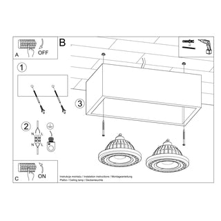Installation diagram showing wiring connections, mounting the main concrete housing, and fitting the two spotlights.