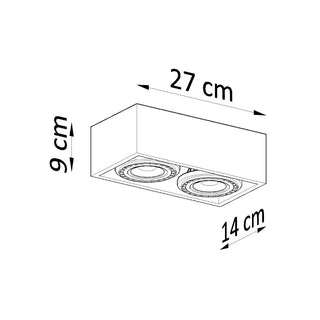 Technical line drawing showing the ceiling lamp dimensions: 27 cm long, 14 cm wide, and 9 cm high.