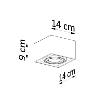 Line drawing of the ceiling lamp with dimensions: 14 cm x 14 cm x 9 cm.