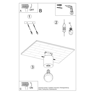 Technical diagram showing the three-step installation process for the concrete ceiling light fixture.
