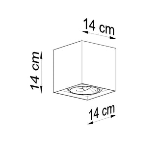 Technical diagram of the cubic VALDE light fixture showing 14 cm dimensions on all sides.