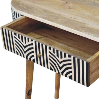 Open drawer detail of the console table, highlighting the internal wood and geometric bone inlay.
