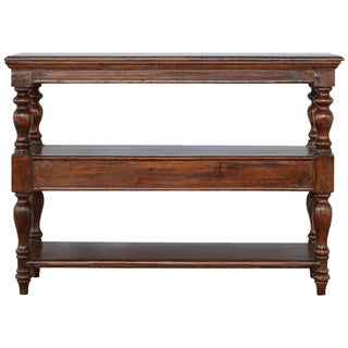 Dark wood console table, front view, showing the moulded top edge, turned legs, and two storage shelves.