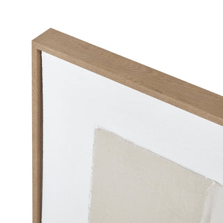 Corner detail showing the light wood frame and the rough, layered texture of the beige and cream abstract composition.
