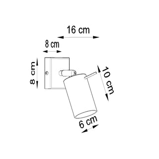 Technical diagram showing the dimensions of the grey cylindrical wall spotlight fixture.