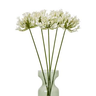 Five artificial cream agapanthus sprays displayed in a pale green glass vase.
