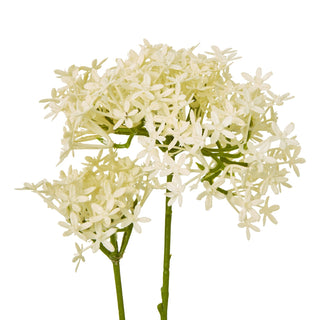 Close detail of the clustered cream florets and green stems of the artificial crown hydrangea.
