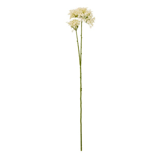 Plain front-on studio shot of the artificial cream crown hydrangea stem with clustered pale yellow florets.