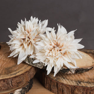 Detailed view of two artificial cream dahlias, highlighting the texture of the petals and the café au lait colouring.