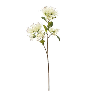 Cream artificial floral stem featuring three spiky flower heads and green leaves, shown front-on.