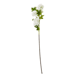 Full length view of the artificial cream viburnum snowball stem with three flower clusters and green leaves.