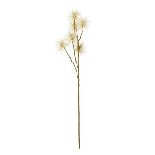 Plain front-on view of the artificial cream xanthium spray featuring several spiky flower heads and a brown stem.