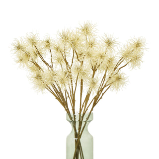 Artificial cream xanthium stems displayed upright in a pale green glass vase.